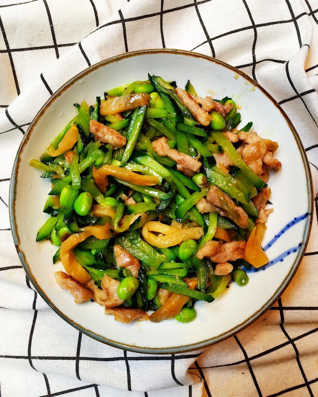 Stir-Fried Cucumber with Zhacai, Shredded Pork, and Young Soybeans